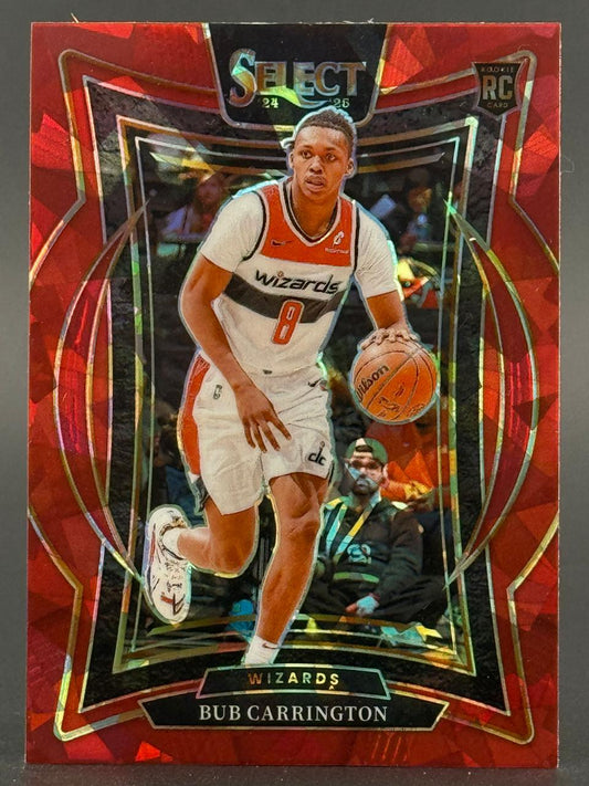 24-25 Select Bub Carrington Wizards rookie card in red disco parallel, dribbling a basketball.