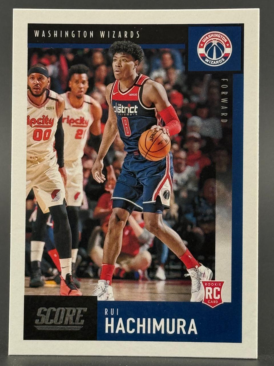 Rui Hachimura 2019-20 Score basketball trading card, Washington Wizards #8, with a Rookie Card logo.