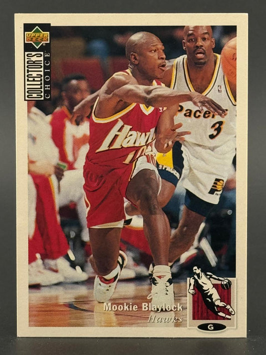 Mookie Blaylock trading card from Upper Deck Collector's Choice, showing him in a Hawks uniform.