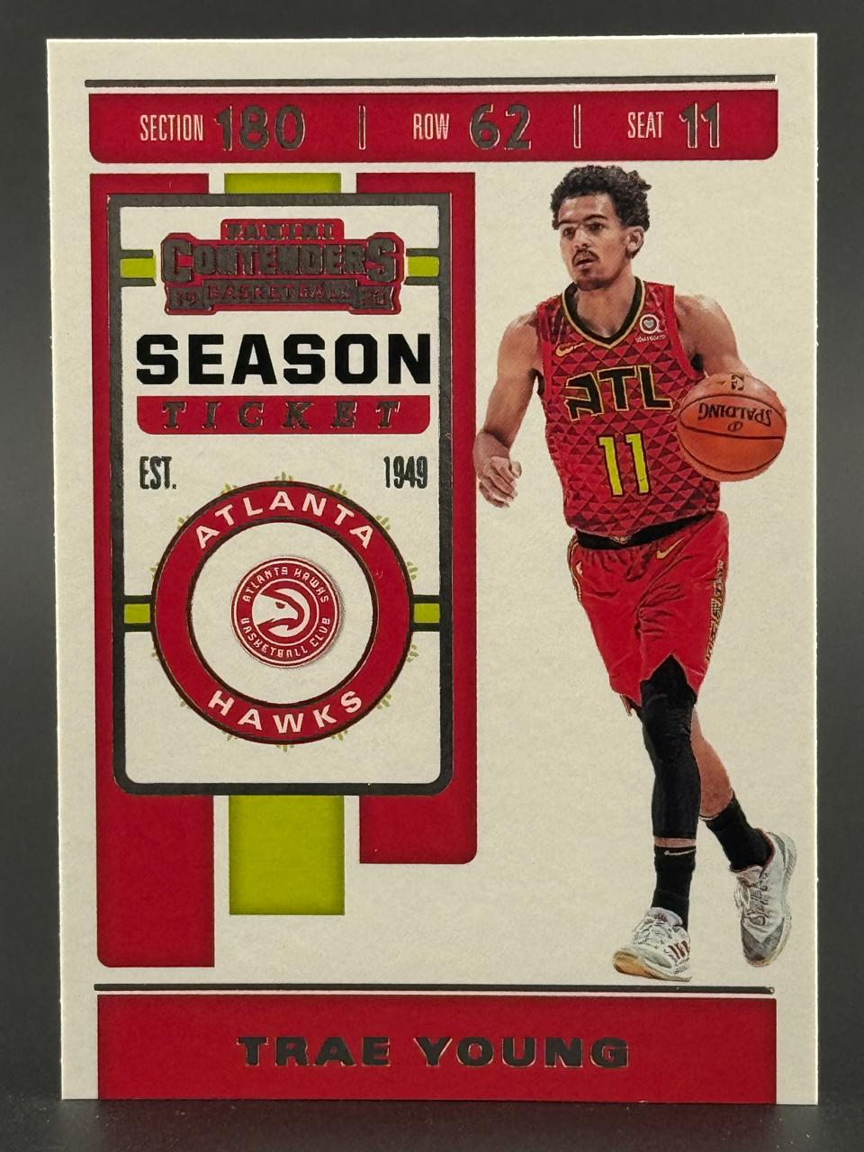 Trae Young 2018 Panini Contenders Season Ticket basketball card.