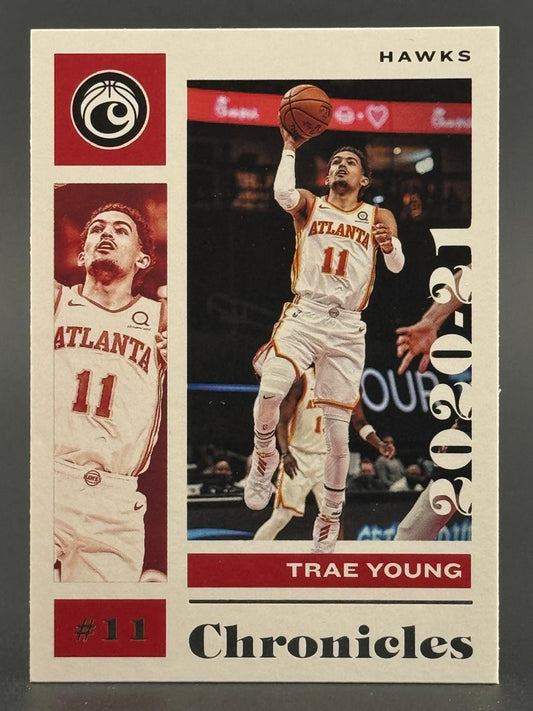 2020-21 Panini Chronicles Trae Young basketball card showing him in an Atlanta Hawks uniform.