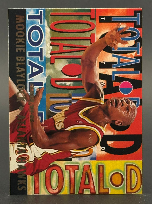 Mookie Blaylock Atlanta Hawks trading card with colorful abstract background and "TOTAL D" text.