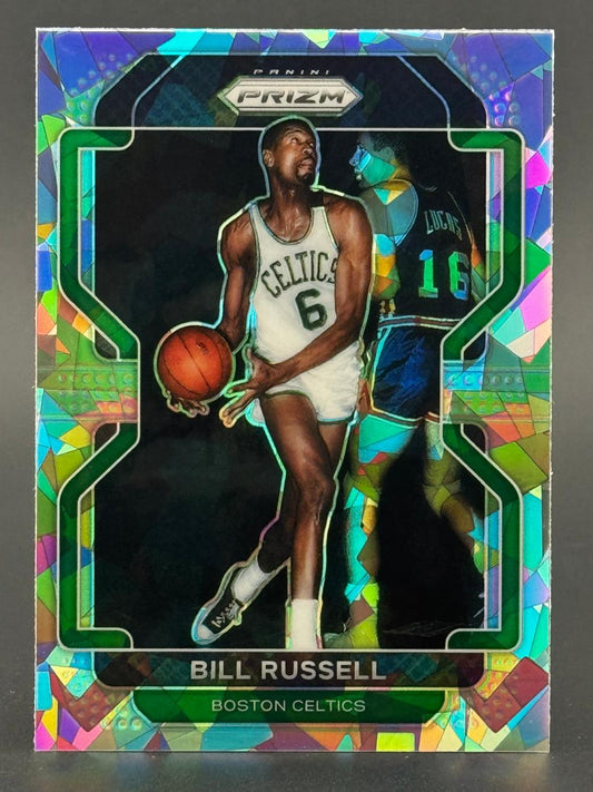 Bill Russell Boston Celtics Panini Prizm trading card with a colorful cracked-ice foil border.