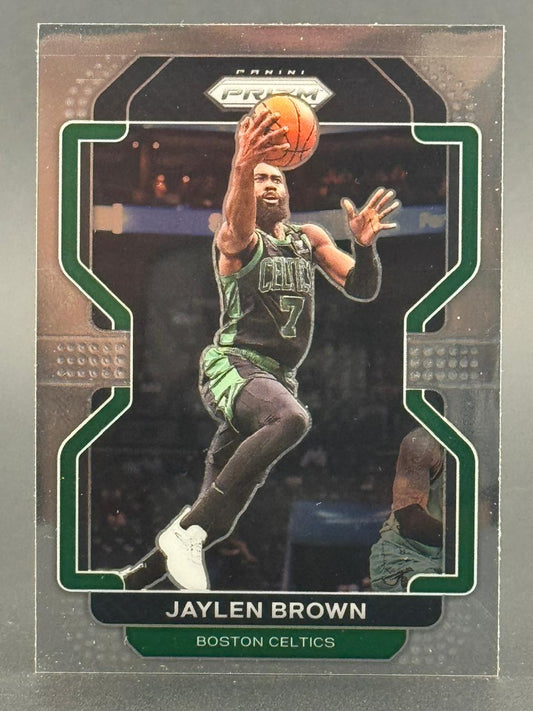 Jaylen Brown Panini Prizm trading card featuring the Boston Celtics player in a green jersey holding a basketball.