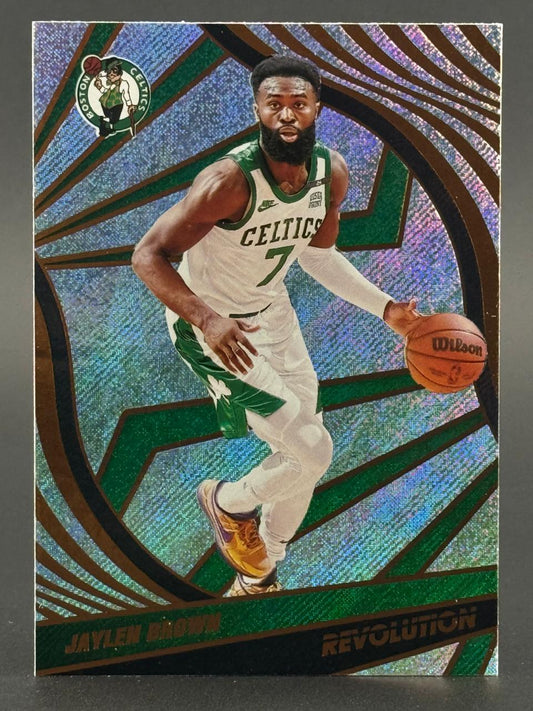 Jaylen Brown 2022-23 Panini Revolution basketball card, #7 in Boston Celtics uniform dribbling.