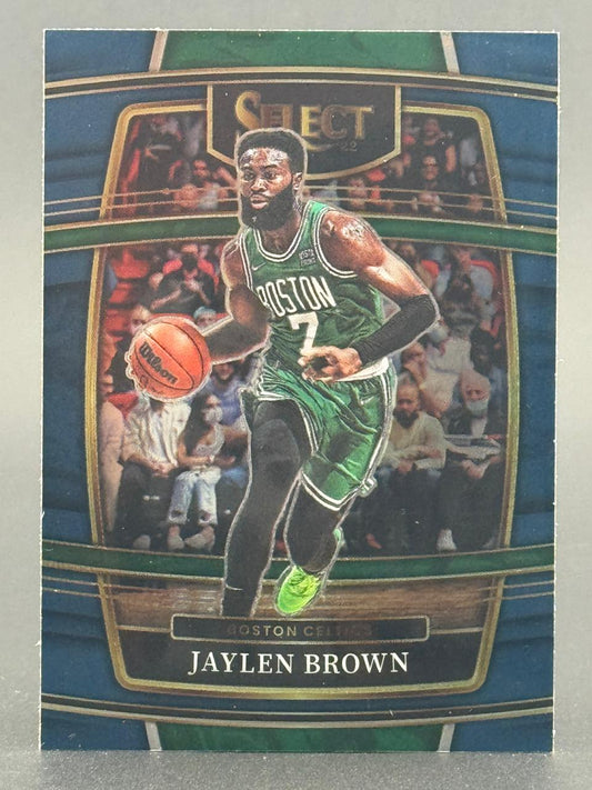 Jaylen Brown 2022 Select basketball card in Boston Celtics uniform dribbling.