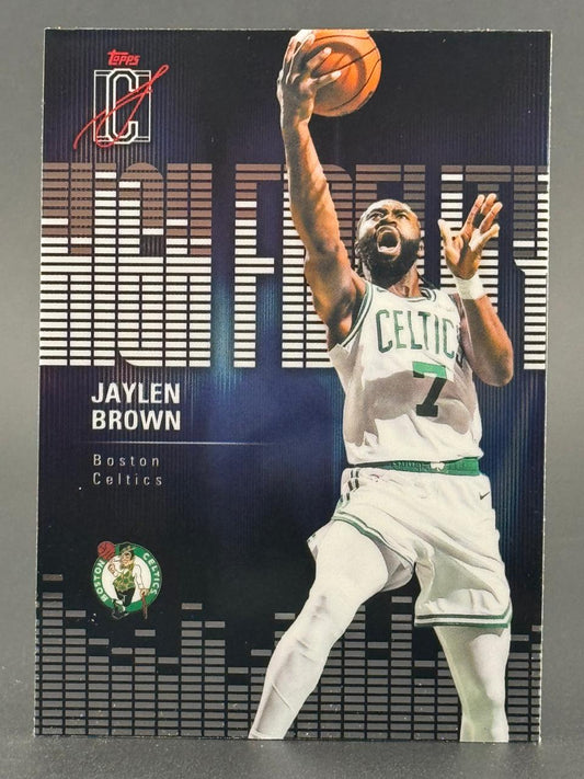 Jaylen Brown basketball card featuring him in a Boston Celtics uniform, part of the Topps High Fidelity set.