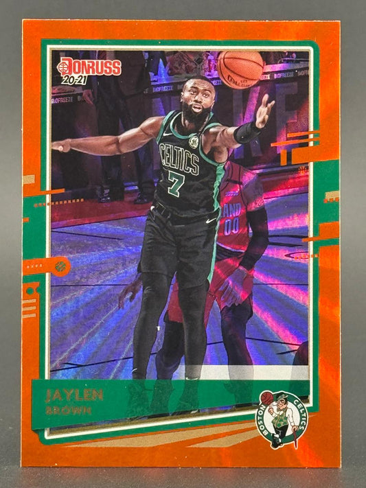 2020-21 Donruss Jaylen Brown basketball card, #7 Celtics uniform, orange border.