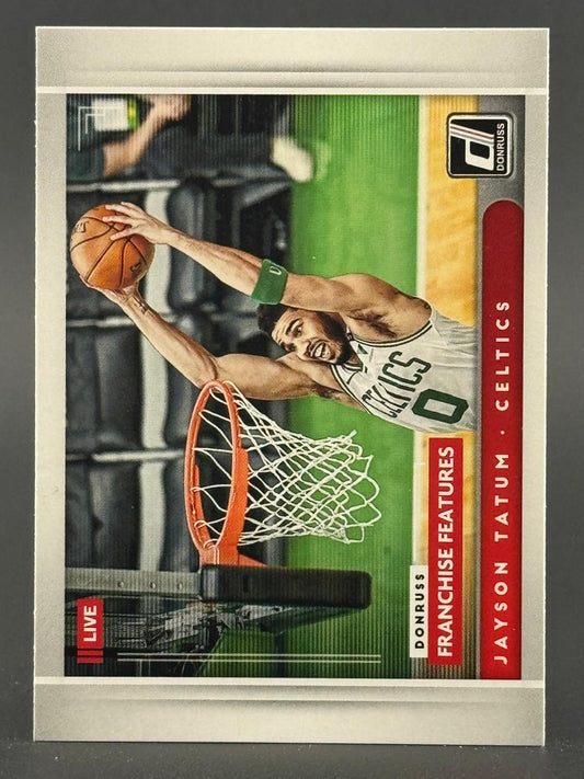 Jayson Tatum 2021-22 Donruss Franchise Features basketball card featuring him dunking.