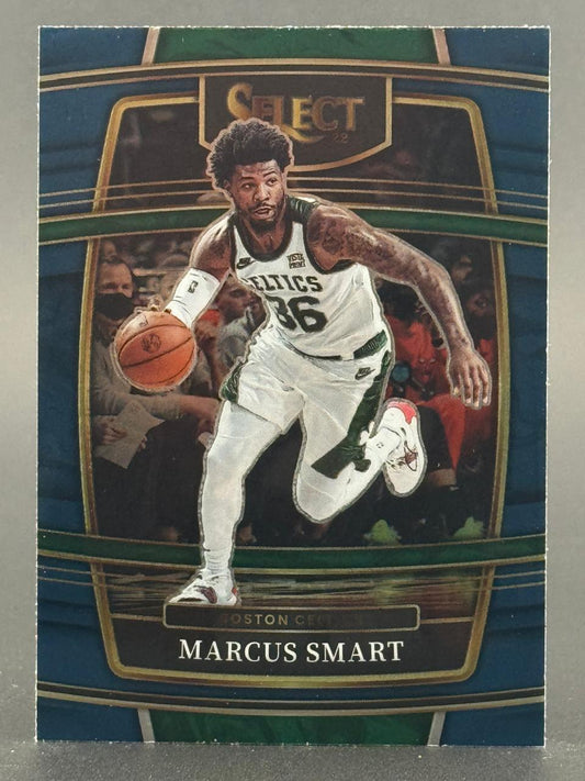 Marcus Smart 2022 Select basketball trading card featuring him dribbling in a Celtics uniform.