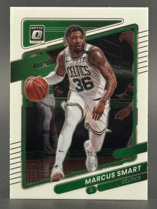 Marcus Smart Donruss Optic trading card, showing him dribbling in a Celtics uniform.