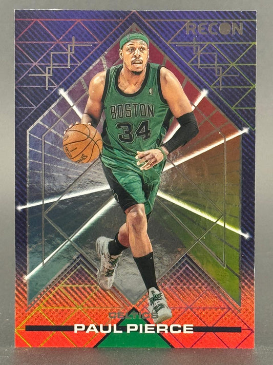 Paul Pierce Boston Celtics basketball trading card, Recon set, dribbling against a geometric background.