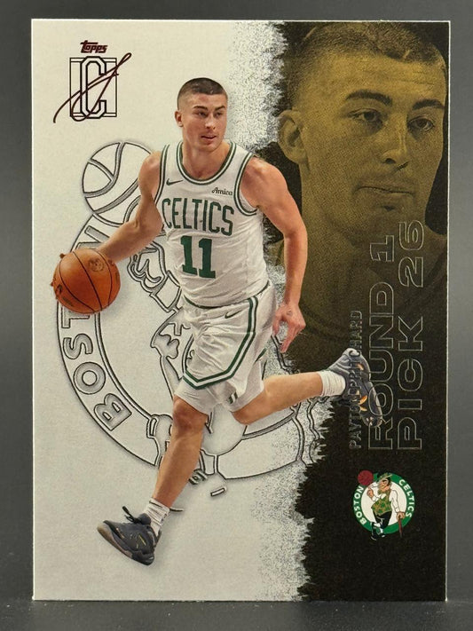 Payton Pritchard basketball card, Topps set, showing him dribbling in Celtics uniform, with "Round 1 Pick 26" text.