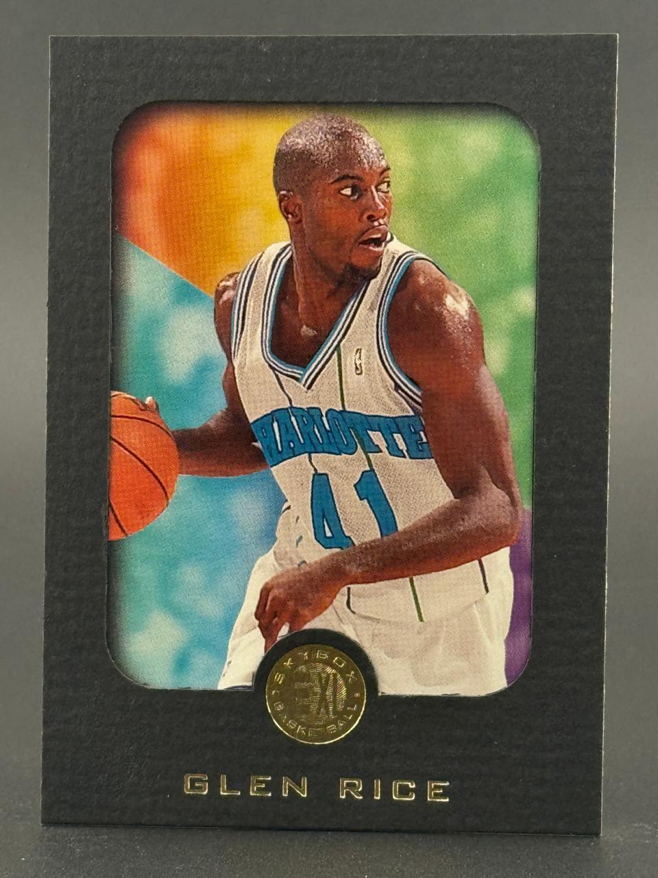 Glen Rice 1997-98 SkyBox E-X2001 basketball card featuring him dribbling in a Charlotte Hornets uniform.