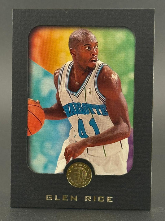 Glen Rice 1997-98 SkyBox E-X2001 basketball card featuring him dribbling in a Charlotte Hornets uniform.