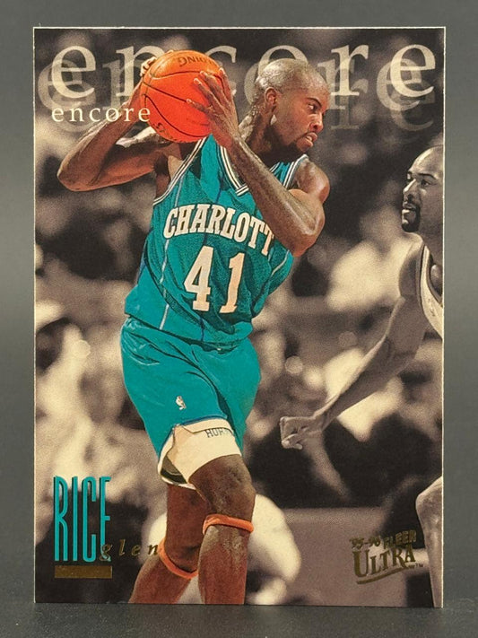 Glen Rice 1995-96 Fleer Ultra basketball card showing him holding a basketball in a Charlotte Hornets uniform.