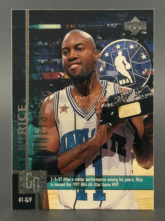 Trading card of Glen Rice holding a 1997 NBA All-Star Game MVP trophy, card number 41.
