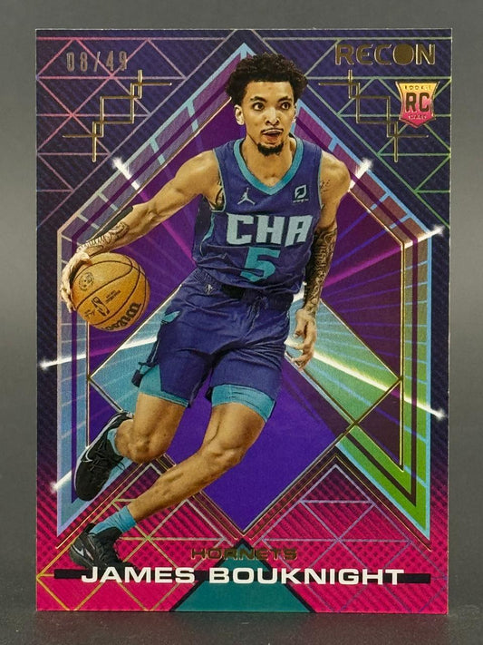 James Bouknight 2021-22 Panini Recon Rookie card #08/49, with a purple and teal geometric background.