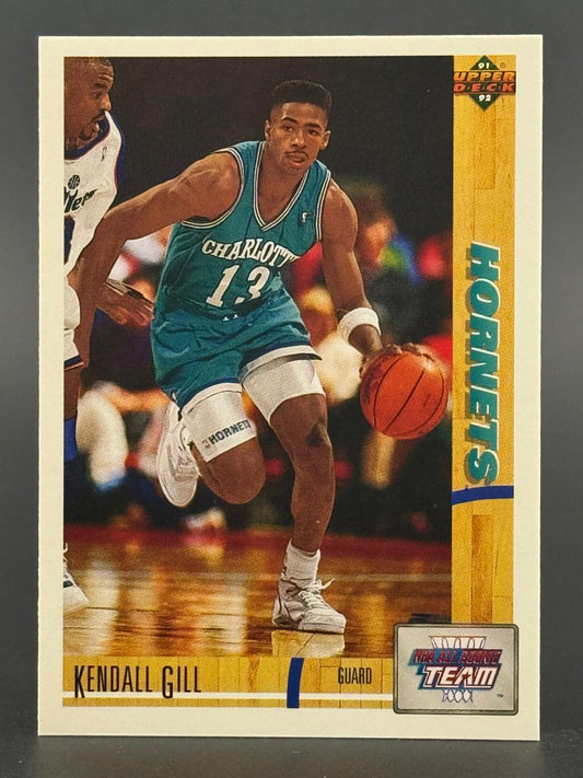 1991-92 Upper Deck Kendall Gill Charlotte Hornets basketball card dribbling.