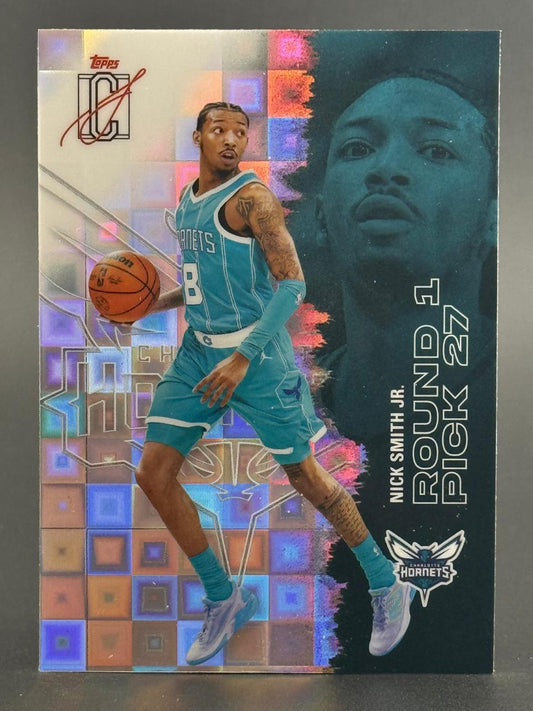 Nick Smith Jr. Topps basketball card featuring him in a teal Hornets jersey holding a basketball.