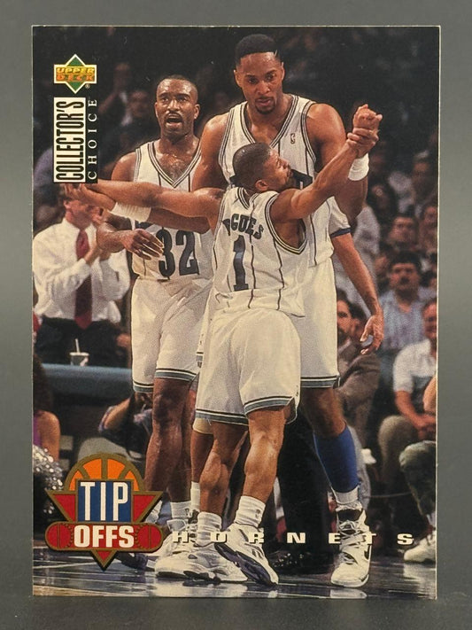 1994-95 Upper Deck Collector's Choice Tip Offs basketball trading card featuring three Charlotte Hornets players.