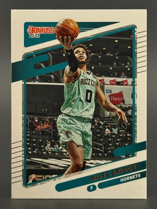 21-22 Donruss Miles Bridges Hornets basketball card, #F, showing Bridges reaching up with a basketball.