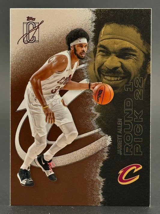 Jarrett Allen basketball trading card with sepia tone and a large portrait graphic.