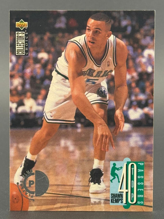 1990s Upper Deck Collector's Choice basketball trading card of Shawn Kemp, showing him dribbling on the court.