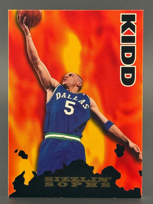 Jason Kidd Sizzlin' Sophs basketball card, showing him in a blue Dallas Mavericks jersey (#5) reaching for a shot.