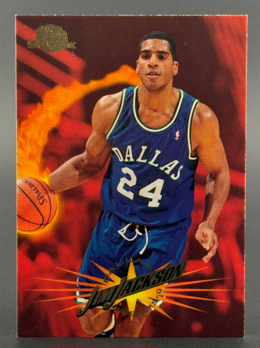 1990s Jim Jackson Dallas Mavericks basketball card, #24, SP card with red and orange abstract background.