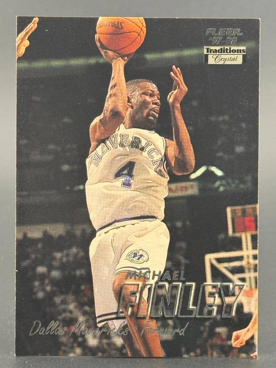 1997-98 Fleer Traditions Crystal Michael Finley basketball card showing him shooting a jump shot.
