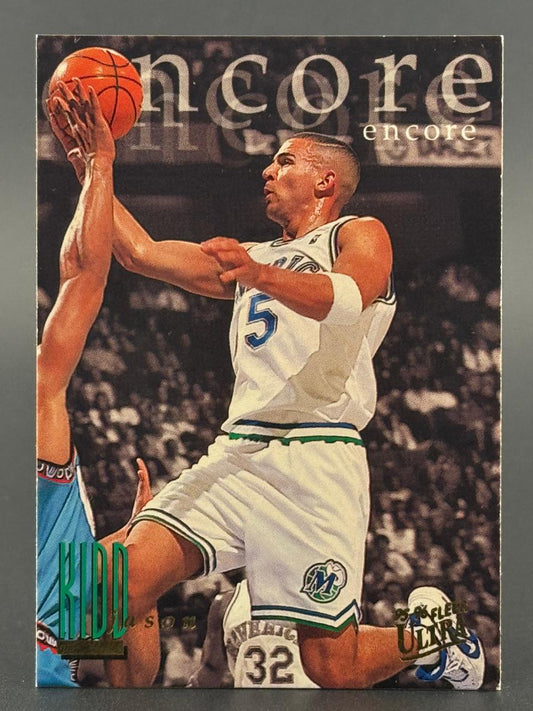 1995-96 Fleer Ultra Jason Kidd trading card featuring Kidd in a Mavericks uniform holding a basketball.
