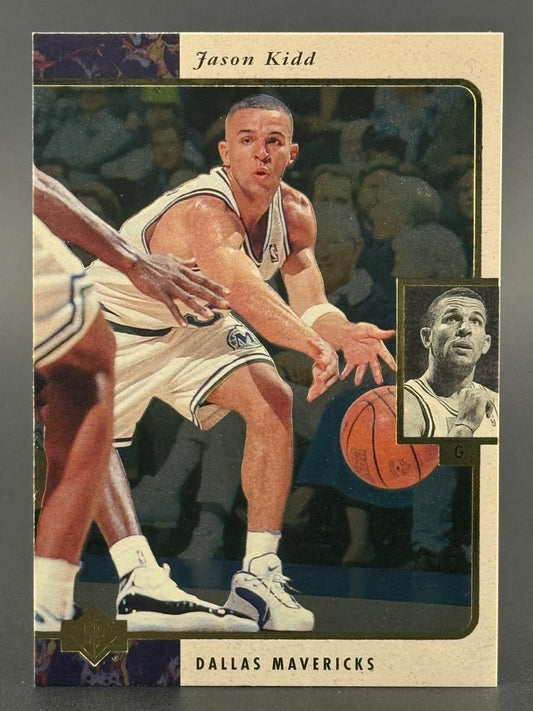1994 Upper Deck Jason Kidd Dallas Mavericks rookie basketball card dribbling the ball.