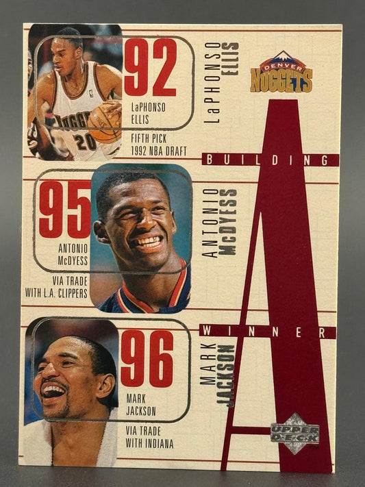 Trading card features LaPhonso Ellis, Antonio McDyess, and Mark Jackson for Denver Nuggets.