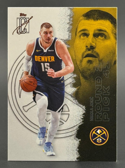 Nikola Jokic Topps trading card, showing him dribbling in a Denver uniform, with a large portrait on the right.