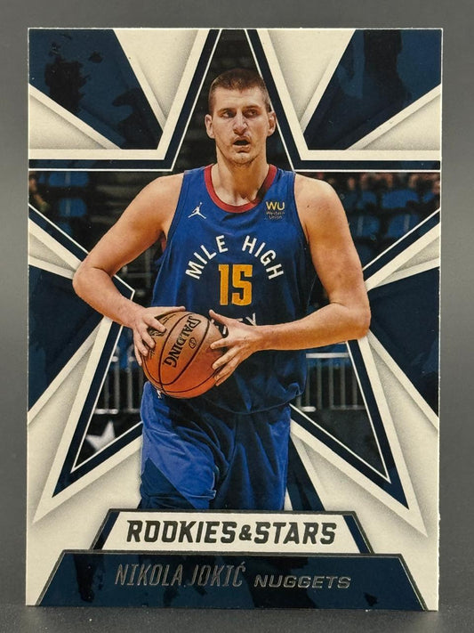 Nikola Jokic 2018-19 Rookies & Stars basketball card holding a basketball.