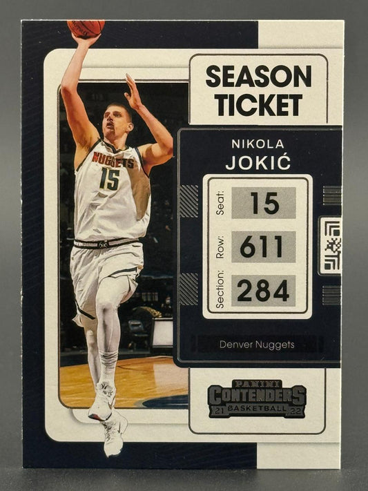2021-22 Panini Contenders Nikola Jokić Season Ticket basketball card featuring him shooting a jump shot.