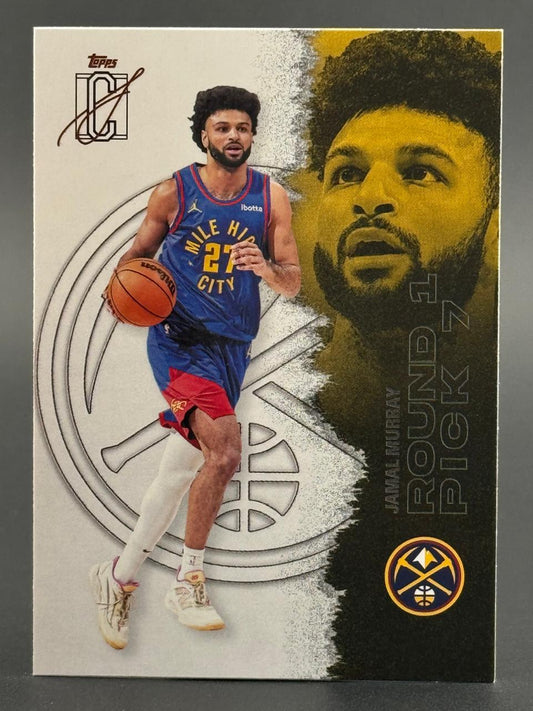 Jamal Murray 2024 Topps trading card featuring full-body action shot and large portrait.