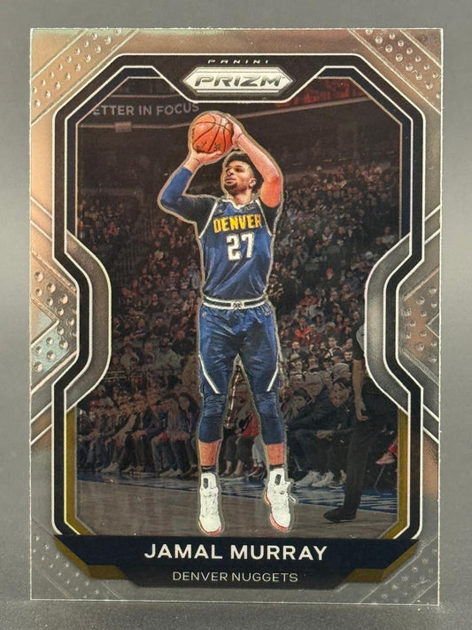 Jamal Murray Panini Prizm basketball card, featuring him in a Denver Nuggets uniform shooting a jump shot.