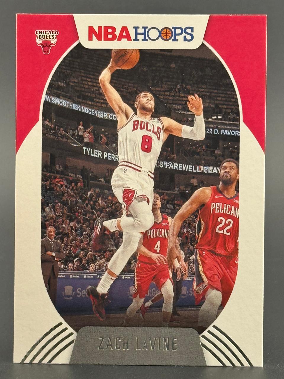 Zach LaVine 2021-22 NBA Hoops basketball card #11, showing him driving for a dunk in a Chicago Bulls uniform.