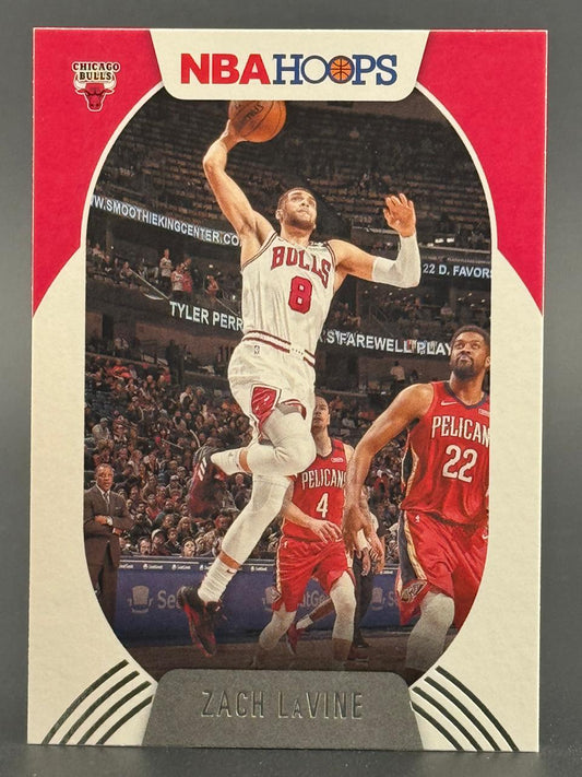 Zach LaVine 2021-22 NBA Hoops basketball card #11, showing him driving for a dunk in a Chicago Bulls uniform.