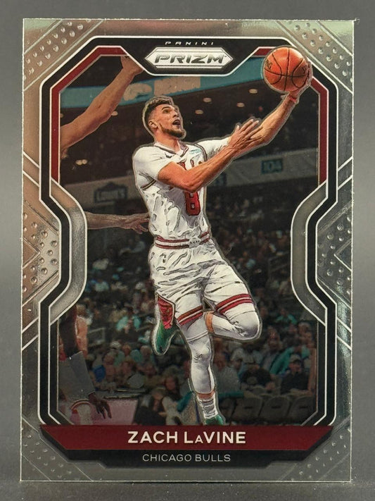 Zach LaVine basketball card, Panini Prizm, showing him in a Chicago Bulls uniform.
