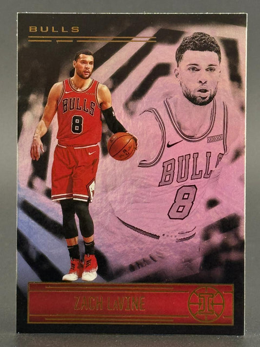 Zach LaVine basketball trading card featuring him in a red Bulls uniform dribbling.
