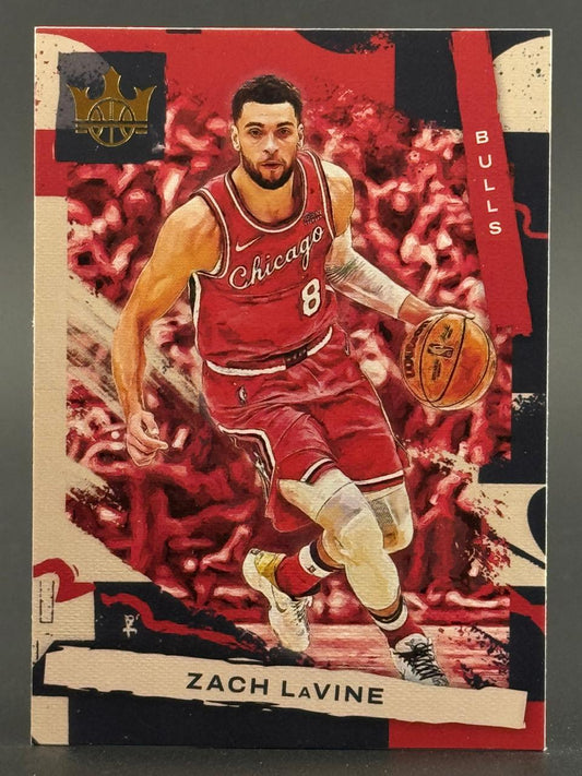 Trading card of Zach LaVine in a red Chicago Bulls jersey dribbling a basketball.