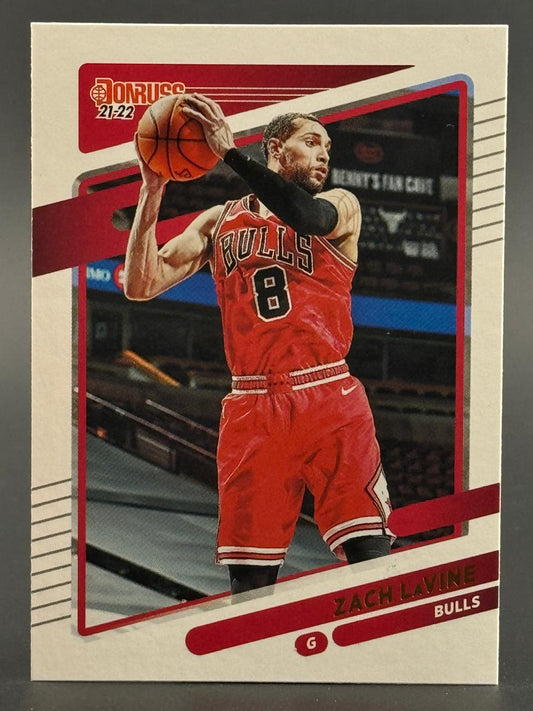 2021-22 Donruss Zach LaVine Chicago Bulls basketball card holding a basketball.