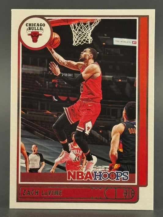 Zach LaVine 2020-21 NBA Hoops basketball card showing him driving to the basket in a Bulls uniform.