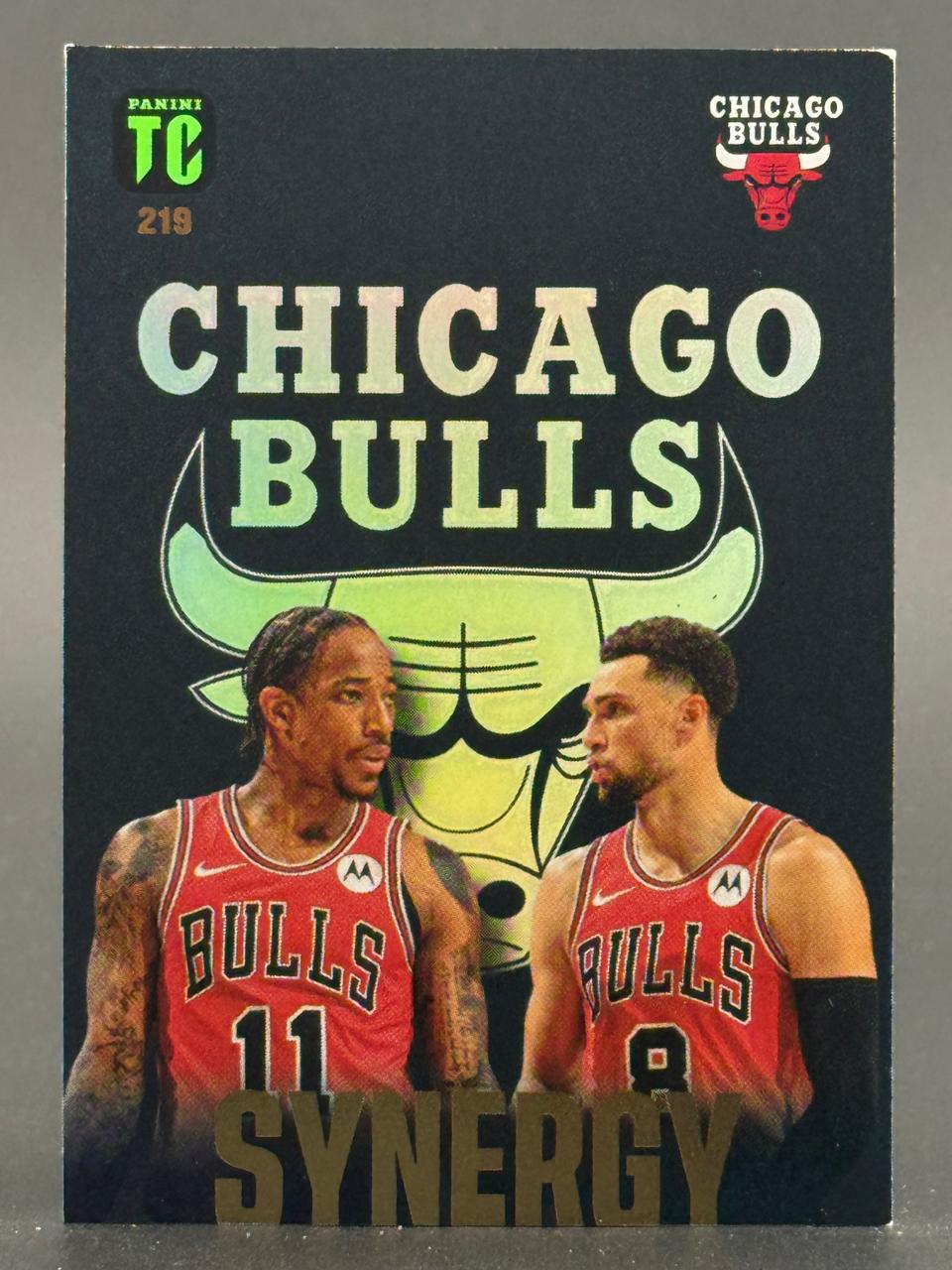 Trading card #219 features Chicago Bulls players DeMar DeRozan (#11) and Zach LaVine (#8) from the Panini TC Synergy set.