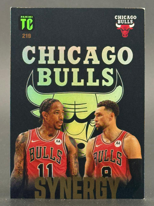 Trading card #219 features Chicago Bulls players DeMar DeRozan (#11) and Zach LaVine (#8) from the Panini TC Synergy set.