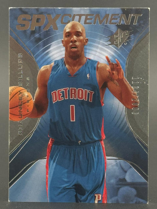Chauncey Billups SPXcitement trading card, Detroit Pistons uniform, holding basketball.