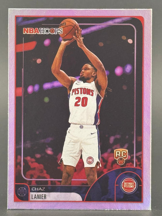 Chaz Lanier 2024-25 NBA Hoops Rookie Card #20 for the Detroit Pistons, shooting a basketball.